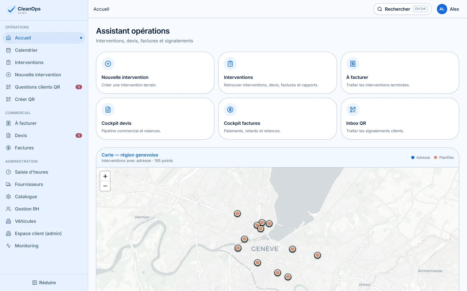Accueil CleanOps : assistant opérations et carte des interventions