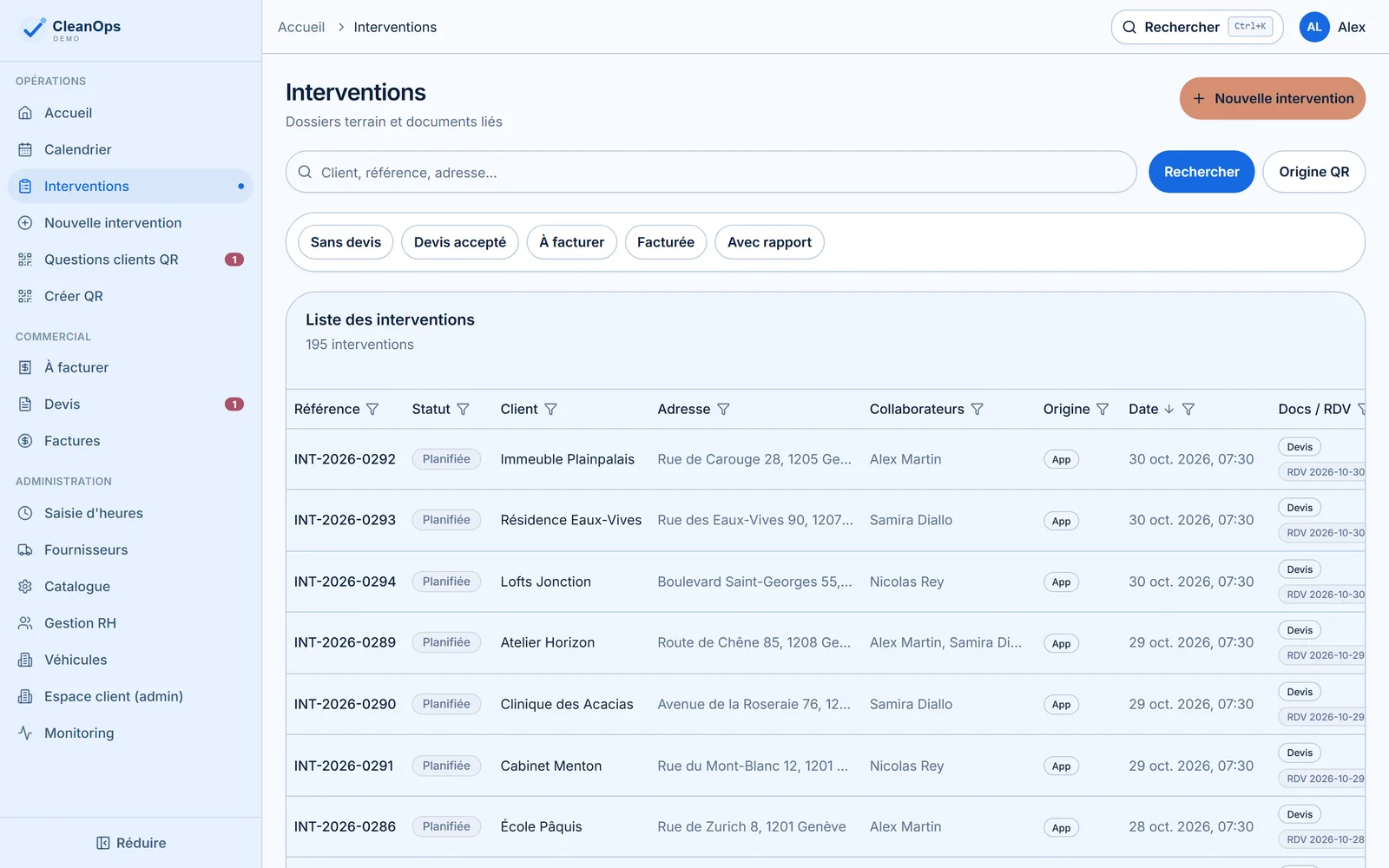 Liste des interventions CleanOps avec dossiers terrain
